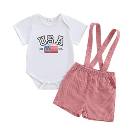 Kuriozud 4th of July Outfit Baby Boy American Flag Onesie USA Bubble Romper+Shorts Set Newborn First Fourth of July Clothes (White Red A, 0-3 Months)