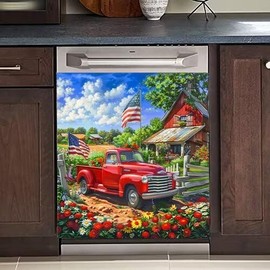Generic Farmhouse Red Truck Magnetic Dishwasher Cover American Flag Retro Floral Daisy Dishwasher Magnet Cover Panel Decal Refrigerator Vinyl Door Cover 23"" x 26"" Magnetic