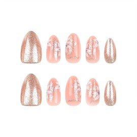 Almond Press on Nails Short Fake Nails Gold Glitter Glue on Nails Full Cover Nails Press ons Fall Acrylic Nails White Flowers Stick on Nails for Women 24 Pcs