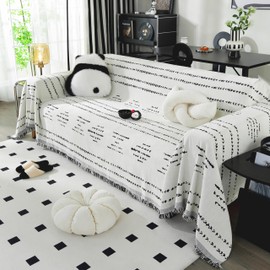 Tritard Boho Couch Cover Reversible Bohemian Sectional Couch Covers Black White Sofa Loveseat Covers Chenille Cushion Covers with Tassel Washable Couch Protector for Dogs Pet Futon Cover (71"-118")