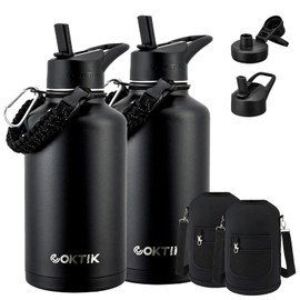Half Gallon Insulated Water Bottle, 64 oz Triple Wall Stainless Steel Flask, Keeps Drinks Cold for 48 Hrs Leak-Proof & BPA-Free Half Gallon Jug with Paracord Handle, Straw & Spout Lids(2 pack,Black)