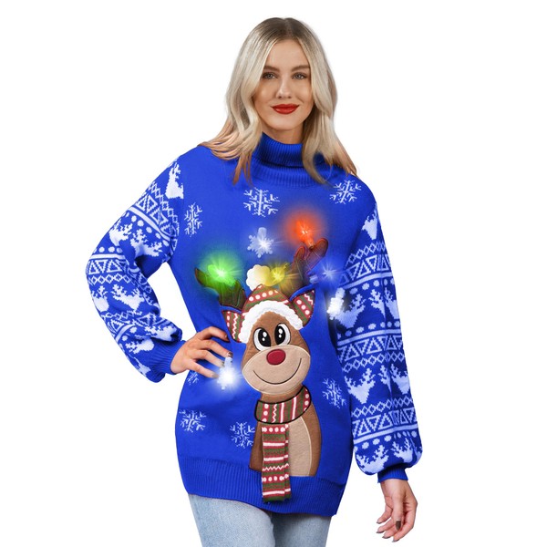 JOYIN - Suéter largo de renos de Navidad para mujer, suéter de Navidad con luz LED, con bombillas integradas, para fiestas, Azul, L