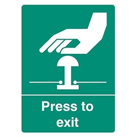 Sign, Press To Exit, Sav, External Height 100 mm, External Width 75 mm, Sign Colour White on Green, Sign Legend Fire Instruction, Sign Material Vinyl, Sign Type Fire Exit, Approval Category BS 5499