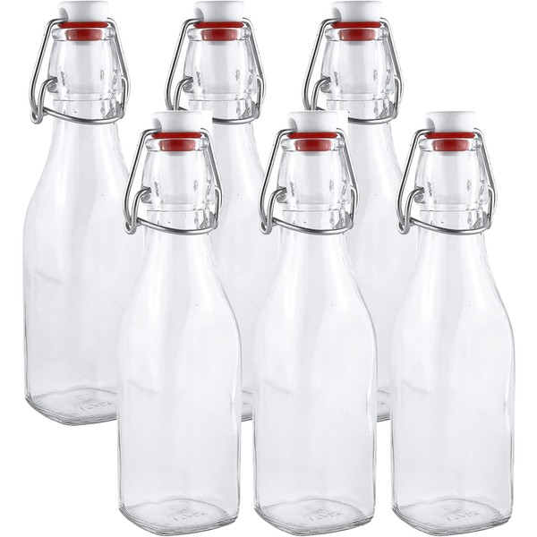 Estilo Swing Top Easy Cap Clear Glass Bottles, Round, 8.5 oz, Set of 6. Standard Size, Flip Top Bottles to store home brews, oils, vinaigrettes, wines, beer, teas