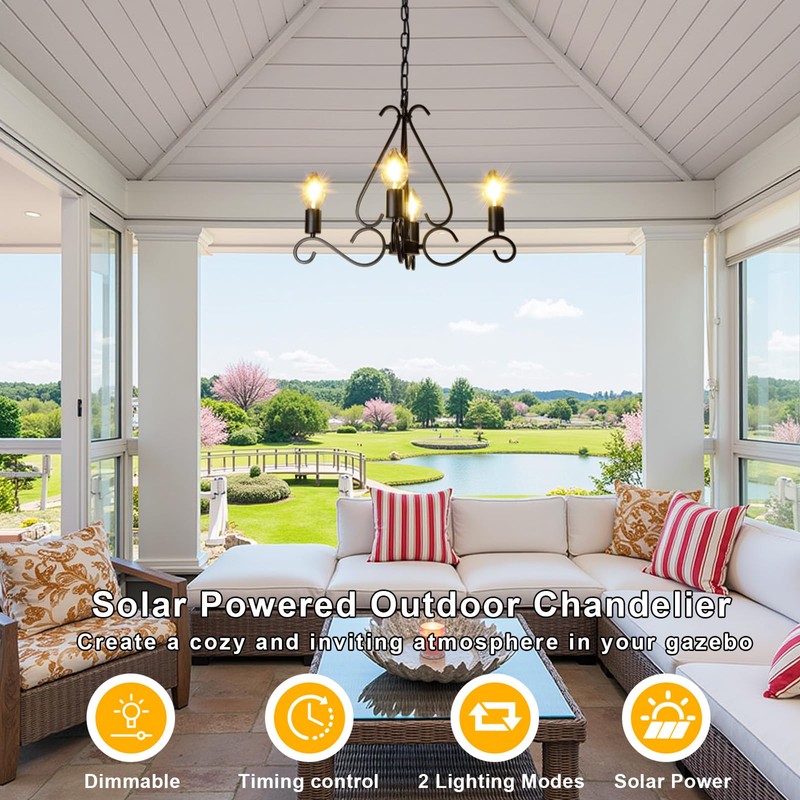 TWINKVILLA Solar Chandelier Outdoor, 4-Lights 23" Rustic Farmhouse Industrial Iron