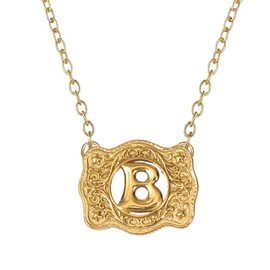 SENFAI 14K Gold Belt Buckle Necklace Western Style Initial Letter Pendant Necklace, Decorative Belt Buckle Frame Design (B)