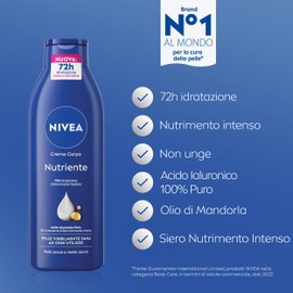 NIVEA Nourishing Body Cream 250 ml, Moisturising Cream 72 Hours Enriched with Pure Hyaluronic Acid, Almond Oil and Intensely Nourishing Serum, Moisturising Body Cream Dry or Very Dry