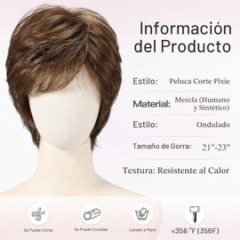 EMMOR Peluca Corta de Cabello Humano Marrón Mezclado para Mujeres Blancas, Peluca de Cabello Natural Ligero con Estilo Capas, Más Suave/Más Fina/Más L