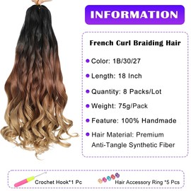 French Curly Braiding Hair 8 Packs Loose Wavy Braiding Hair Pre Stretched Bouncy Synthetic French Curl Braiding Hair Extensions for Women (1B/30/27#, 18 Inch)