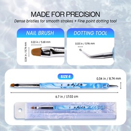 Ivy L 2- Way French Gel Acrylic Nail Art Kolinsky Brush with Dotting Tool for Professional Manicure Cuticle Clean up Nail Art Design (Size # 6, Blue Marble)