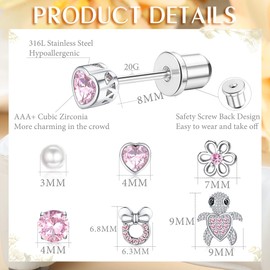 MILACOLATO 6Pairs Stud Earrings For Girls Women 316L Stainless Steel Hypoallergenic CZ Heart Screw Back Earring Studs Set Silver Gold Pink Cute Flower Stud Earrings Jewellery For Children Kids Pink