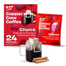Copper Cow Premium Pour Over Single-Serve Vietnamese Coffee | Churro | Dark Roast | Flavored with Real Cinnamon | Includes 24 Coffees