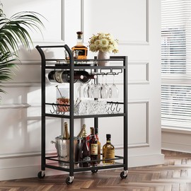 TUTOTAK Bar Cart, Home Bar Serving Cart with 3-Tier Mirrored Shelf, Wine Cart, Mobile Kitchen Shelf, Gold BC01BB034