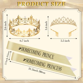 Retrowavy 4 Pcs Homecoming Prince and Princess Crowns and Sashes Set Homecoming Court Belt Crown 80s Prom Tiara Shiny Satin Role Play(Gold)