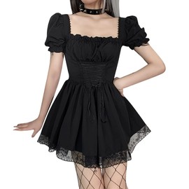 IKADEX Women Black Gothic Dress Lace Up Punk Goth Lolita Dress Casual Party Mini Dresses #B: Black Short Sleeve S