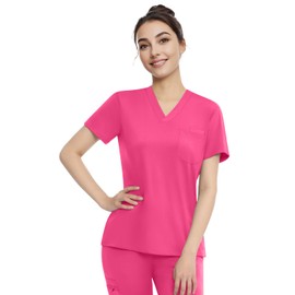 Women's V-Neck Scrub Tops - Stretchy Nursing Uniform Top with Pockets, Wrinkle Resistant & Breathable, Machine Washable (Azalea Pink - M)