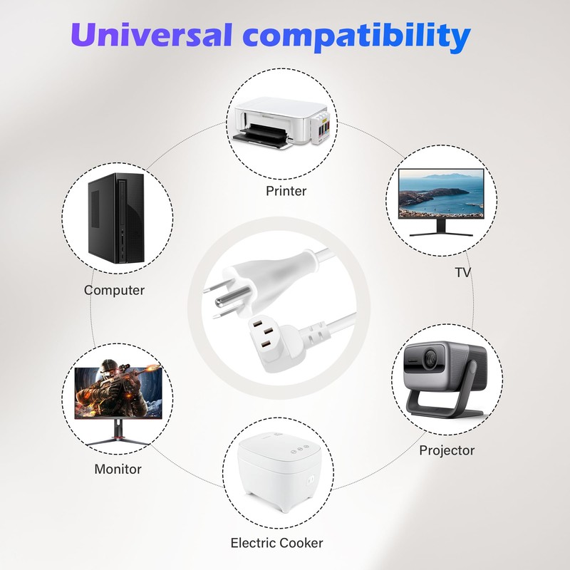 Adoreen 6 Ft Computer TV Replacement Power Cord White, 90