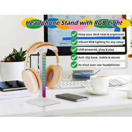 wigmoa WA-2 【1PACK】 Headphone Stand with LED Light 2-in-1 Headset Holder Compatible with AirPods Max, Beats, Over-Ear Headphones Gaming Accessories for Desk Setup, RGB Tabletop Display Stand. (Black)