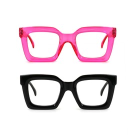 HoouMoou Stylish Oversized Squarer Reading Glasses for Women Funky Blue Light Blocking Glasses Cute Designer Readers with Spring Hinge(Fuchsia + Black, 2.0x)