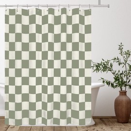 Tititex Aesthetic Checkerboard Grid Pattern Shower Curtain, Beige Sage Green Modern Shower Curtain Sets Decoration 71x71 Inch with Hooks