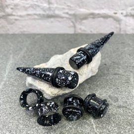 BodyJ4You 54PC Ear Stretching Kit 14G-12mm - Aftercare Jojoba Oil - Black White Splatter Acrylic Plugs Gauge Tapers Silicone Tunnels - Lightweight Expanders Men Women