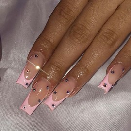 Pink French Tip Press on Nails Medium Square Fake Nails,Glossy Glue on Nails Acrylic Nails with Color Rhinestones Designs False Nails Nude Stick on Nails for Women and Girls 24Pcs