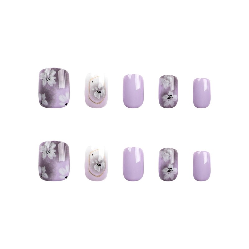 Purple Press on Nails Short Square Fake Nails Flower False