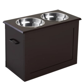 Raised Pet Feeding Storage Station with 2 Stainless Steel Bowls Base for Large Dogs and Other Large Pets, Dark BrownColor: Black