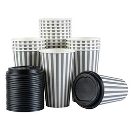 Restaurantware 16 Ounce Disposable Coffee Cups With Lids, 20 Hot Cups With Lids - Sleeves Sold Separately, Single Wall, Gray And White Stripe Paper Coffee Cups, For All Kinds Of Beverages