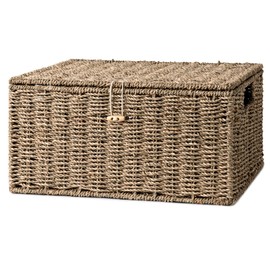 StorageWorks Seagrass Wicker Baskets for Organizing, Large Wicker Basket with Lid, Decorative Basket with Built-in Handles, Storage Baskets for Shelves, 1 Pack