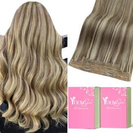 YoungSee Wire Extensions Human Hair Highlight Hair Extensions with Invisible Wire Blonde with Light Brown Highlights with Blonde Smooth Fish Line Human Hair Extensions 20Inch 100G