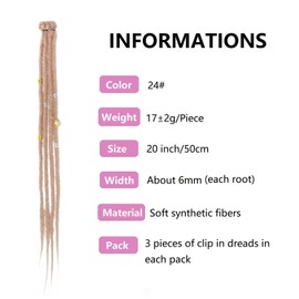 Dsoar Clip-In Dreadlock Extensions, 20 Inches, 3 Pieces, Handmade 0.6 cm, Synthetic Dreads with Clips, Soft Crochet Loc Extensions (24#)