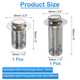 uxcell 2 Pcs Bathroom Sink Stopper Push Type Sink Drain Strainer Filter with Removable Stainless Steel Filter Basket Hair Catcher Fit for 1.3"-2.2" Dia 2"/3" Depth Sink Drain Hole, Silver