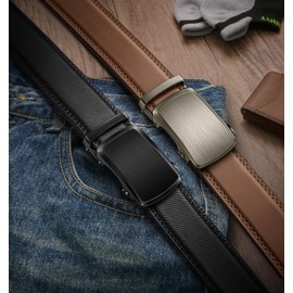 KEMISANT Men Belt 2 Pack, Leather Ratchet Belt Easy Click Slide For Men 1 3/8",Cut for Fit(Black/Tawny,30"-36" Waist Adjustable)