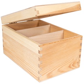 Creative Deco Wooden Storage Box for CDs and DVDs, 16 x 24 x 14 cm, 3 Compartments, with Lid and without Handles, Not Painted and Not Finished, Storage Box for Office, Chest Christmas