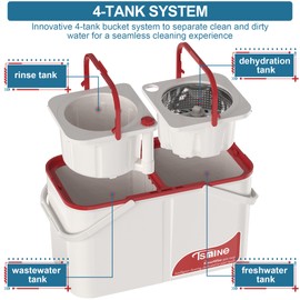 Gen 1 Large-Capacity Spin Mop and Bucket – for Big Homes & Deep Cleaning Days,4-Chamber System Separates Dirty & Clean Water, 2-GAL Heavy-Duty Design with Wheels & 6 Refill Mop Heads - White/Red