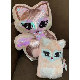 JUSTICE FOX PILLOW & DIARY  FAUX FUR W/ LOCK & KEY FLIP SEQUINS SUPER CUTE SET!