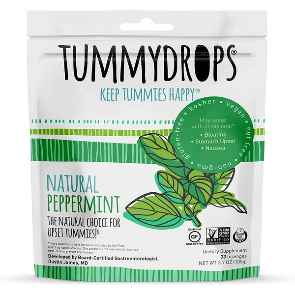 Natural Peppermint Tummydrops (Resealable Bag of 33 Individually Wrapped Drops) Certified Oregon Tilth Made with Organic Ingredients, Non-GMO Project, GFCO Gluten-Free, and Kof-K Kosher