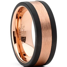 Metal Masters Co. Mens Tungsten Wedding Band Ring Rose Goldtone Pure Carbon Fiber Edges 8MM Size 10.5