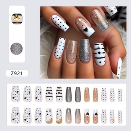Medium Coffin Press on Nails Black Dot Heart Fake Nails Square Shaped French Acrylic False Nails Valentine’s Day Glue on Nails Full Cover Stick on Nails for Women Finger Manicure Tips Decorations