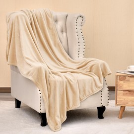 PHF Cuddly Fluffy Fleece Blanket, Oeko-Tex Soft Warm Blanket, Bedspread, Throw Blanket for the Sofa, Bed, Beige, 130 x 150 cm