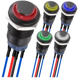 MKBKLLJY Pack of 5 12 mm LED Push Button Switch Black Housing with Pre-Wiring IP65 Waterproof Push Button Switch SPST 2Position ON Off Red/Yellow/Blue/Green/White LED for Car, Boat, Truck