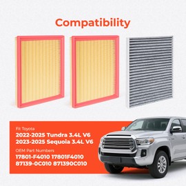 Engine & Cabin Air Filter Combo Kit - Compatible with 2022-2025 Toyota Tundra, 2023-2025 Sequoia 3.4L V6 - Replaces 17801-F4010, 17801F4010, 87139-0C010, 871390C010