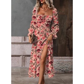 BLENCOT Womens Floral Square Neck Long Sleeve Dress Side Split Thigh Tie Front Flowy Boho Maxi Dresses Red Flroal Printed XL