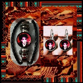 THE CURE LOVE CATS SET OF TWO  EARINGS  LEATHER BRACELETS