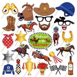 25Pcs Horse Racing Photo Booth Props with Stick Horse Racing Selfie Props Horses Racing Theme Selfie Props for Race Birthday Party Supplie
