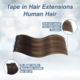 Tape in Hair Extensions Human Hair 100% Remy Hair 20pcs 50g/Pack Straight Seamless Invisible Skin Weft Extensions Easy to Apply and Style (Dark Brown to Chestnut Brown,16 Inch)