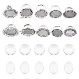 SUNNYCLUE 20 Pieces DIY 10 Sets Vintage Style Finger Ring Blanks Adjustable Empty Glass Cabochon Ring Settings Cabochon Rings Base Kit for Jewellery Making Beginners Component Accessories Antique