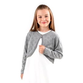 Minora Baby/Child Bolero Christening Vest Knitwear Girls Long Sleeve Button Detail on Collar, Grey-ajur_hearty