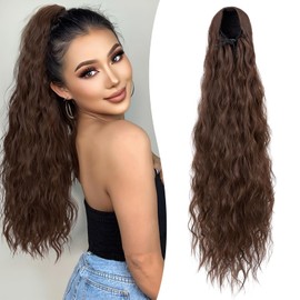 Benehair 32 Inch Long Curly Wavy Drawstring Ponytail Extension Synthetic High Puff Ponytail Hair Pieces, Smooth &Soft Brown Ponytail Hair Extensions for Women Daily Use (32", #8B Chestnut Brown)